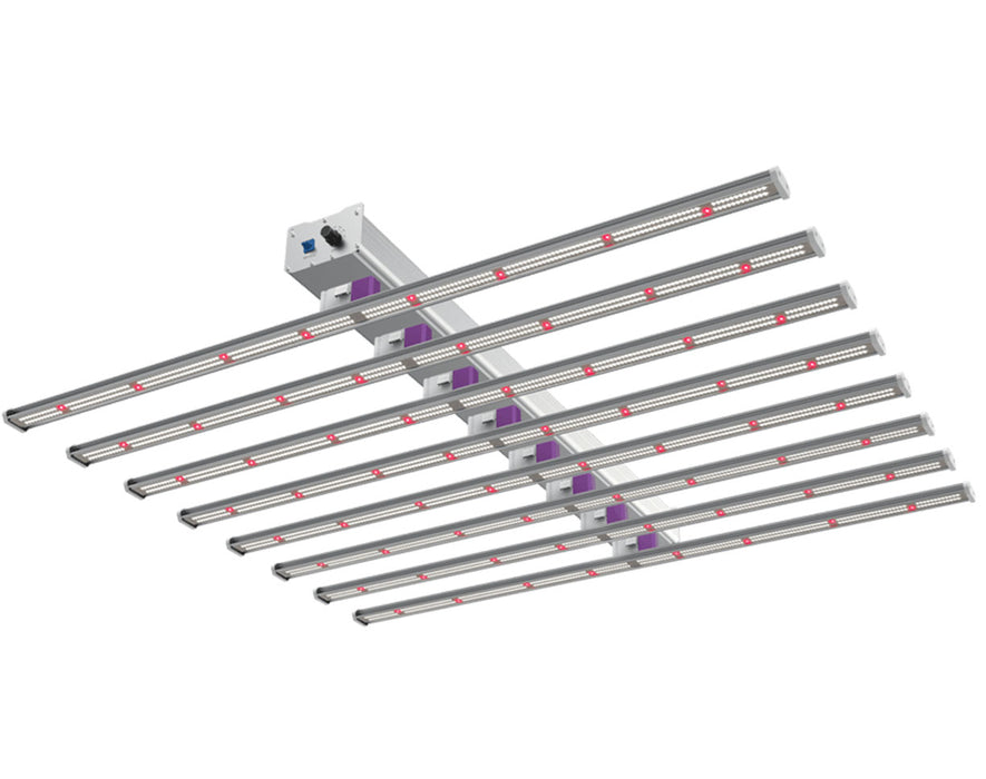 Bottom-side view of the fully illuminated EZ-8 grow light showing red and white LED diodes in all 8 bars.
