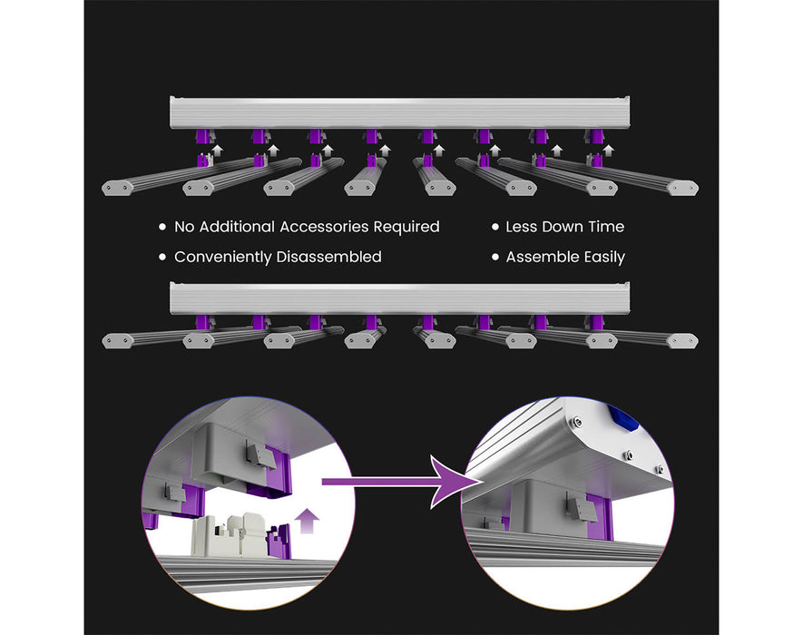Medic Grow EZ-8 bar assembly diagram showing tool-free installation and purple mounting clips.