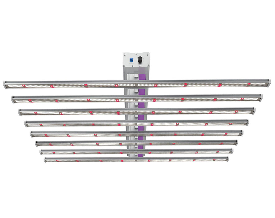 Bottom view of the Medic Grow EZ-8 showing all LED bars lit with full-spectrum red diodes.