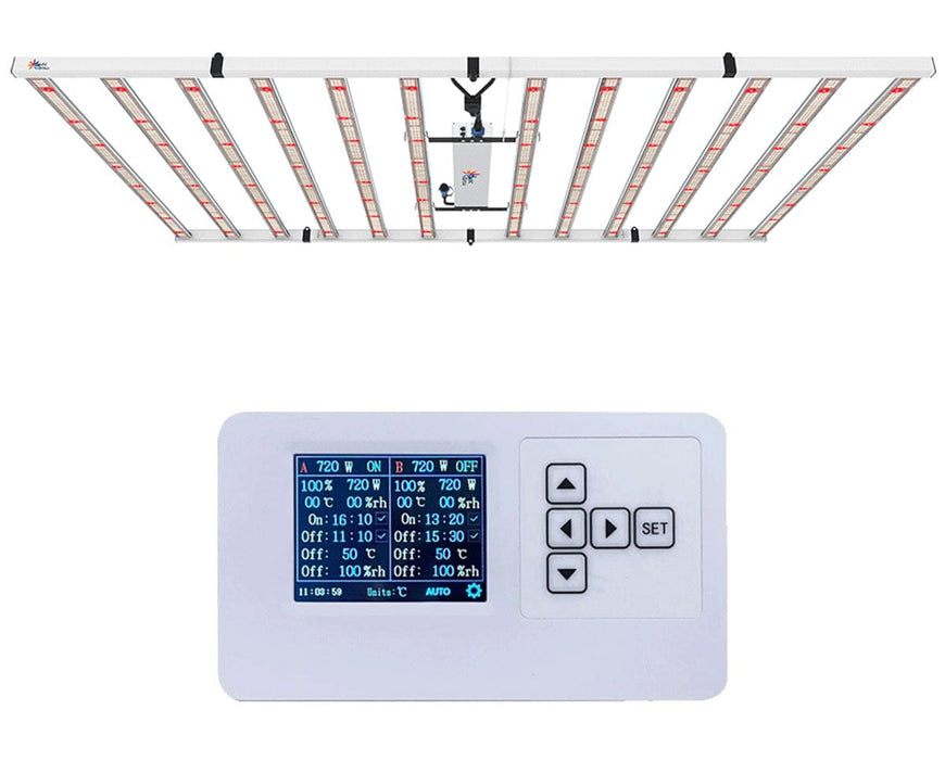 Bundle image of the Medic Grow Fold 1200 Watt Commercial Red and Blue Full Spectrum LED Grow Light and Medic Grow GLC-1 Lighting Controller.