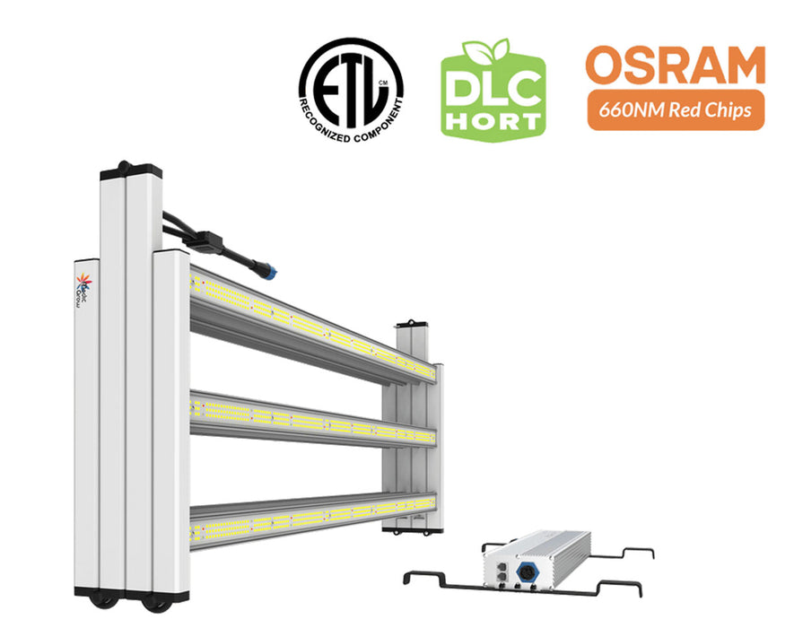 Folded side view of the light bars and detached driver next to ETL, DLC HORT, and OSRAM certification badges.