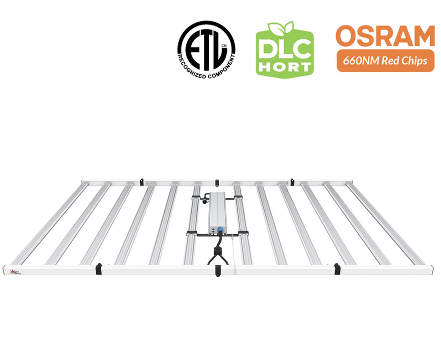 Top-down view of the Medic Grow Fold 1200W LED Grow Light with power supply mounted, shown alongside ETL, DLC HORT, and OSRAM 660nm certification icons.