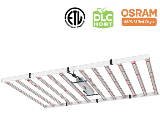 Angled view of Medic Grow Fold 1200W LED Grow Light with ETL, DLC HORT, and OSRAM 660nm red chip certifications displayed.