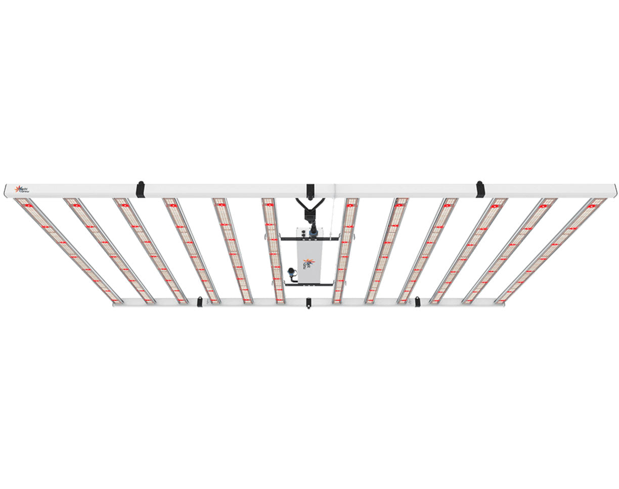 Top view of Medic Grow Fold 1200W LED Grow Light showing red and blue diodes illuminated across evenly spaced light bars.
