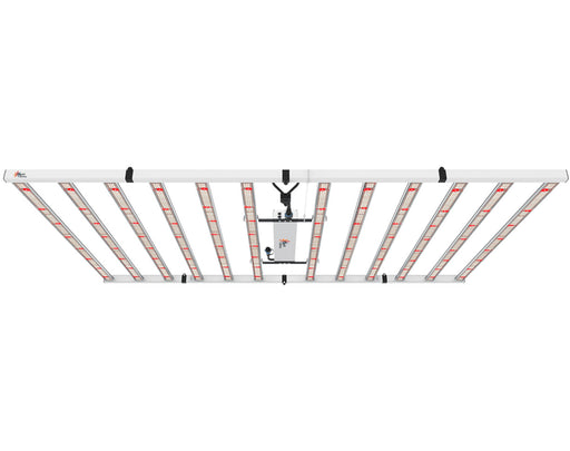 Top view of Medic Grow Fold 1200W LED Grow Light showing red and blue diodes illuminated across evenly spaced light bars.