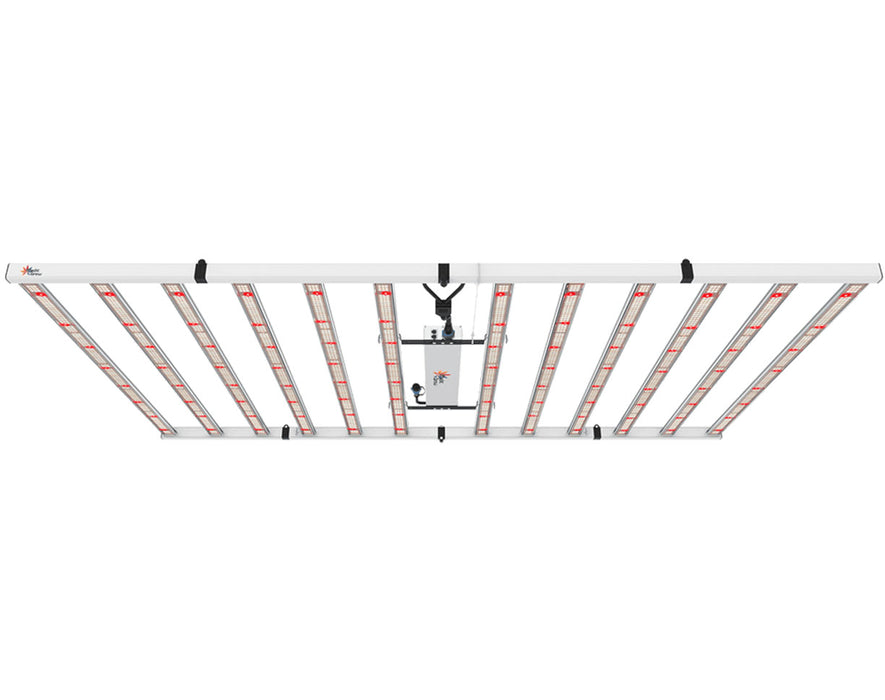 Top view of Medic Grow Fold 1200W LED Grow Light showing red and blue diodes illuminated across evenly spaced light bars.