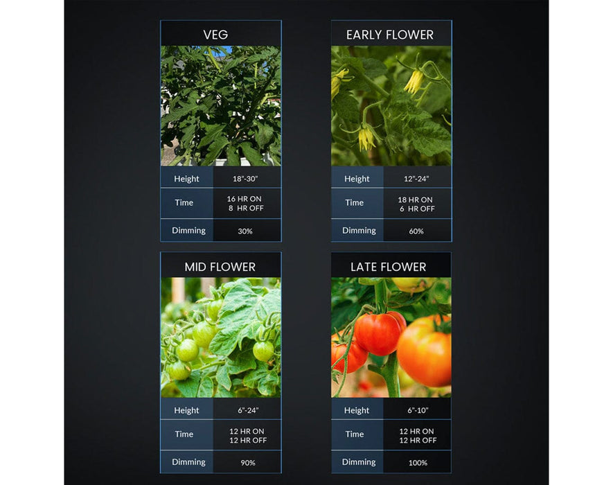 Chart comparing different types of plants with their heights, times, and dimming levels using the Medic Grow Fold-650 LED Grow Light.