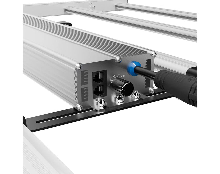 Fold-650 LED grow light partially folded, highlighting its space-saving design and adjustable light bars.