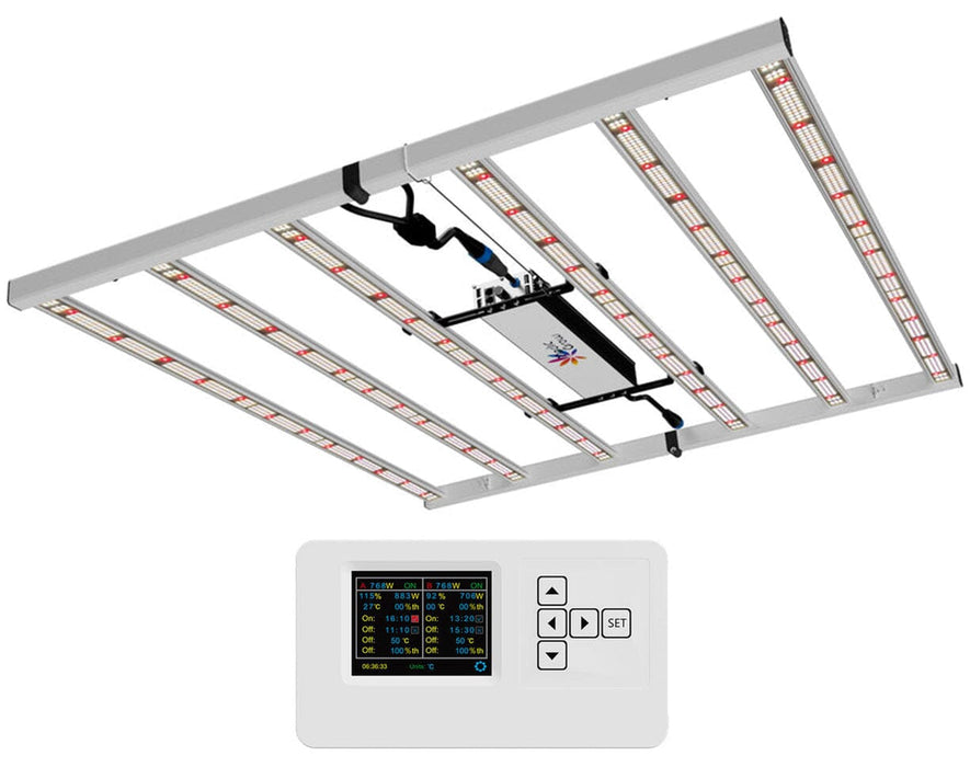 Fold-650 LED Grow Light with external controller connected for grouped dimming and scheduling.
