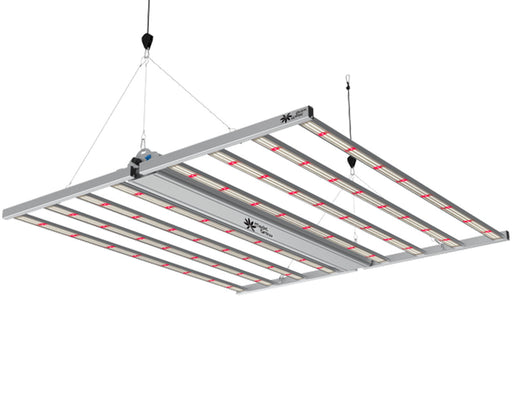 Suspended Medic Grow Fold-8 LED grow light with 8-bar design and red-white LEDs.