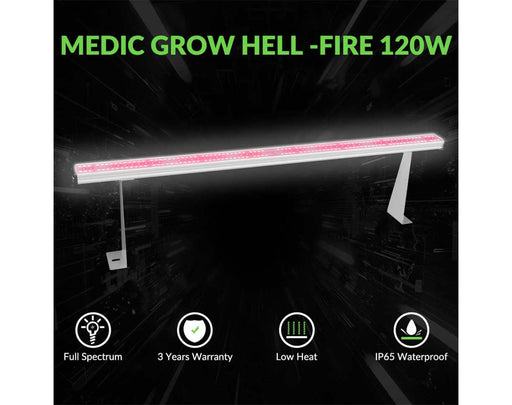 Medic Grow Hell Fire 120W LED bar with pink diodes and icons for full spectrum, 3 year warranty, low heat, IP65 waterproof.