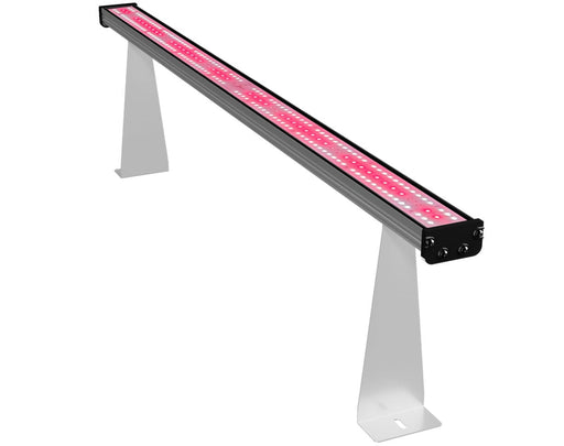 Angled view of Hell Fire 120W under canopy LED grow light bar with pink spectrum and metal support legs.