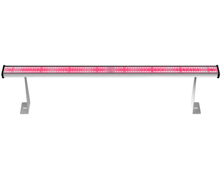 Front view of Medic Grow Hell Fire 120W LED grow light bar with pink diodes and two metal stands.