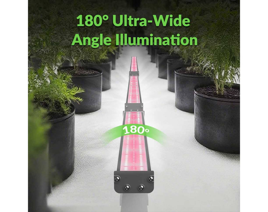 Hell Fire 120W under canopy LED bar lighting a row of potted plants with bright pink diodes and a 180 degree wide beam.