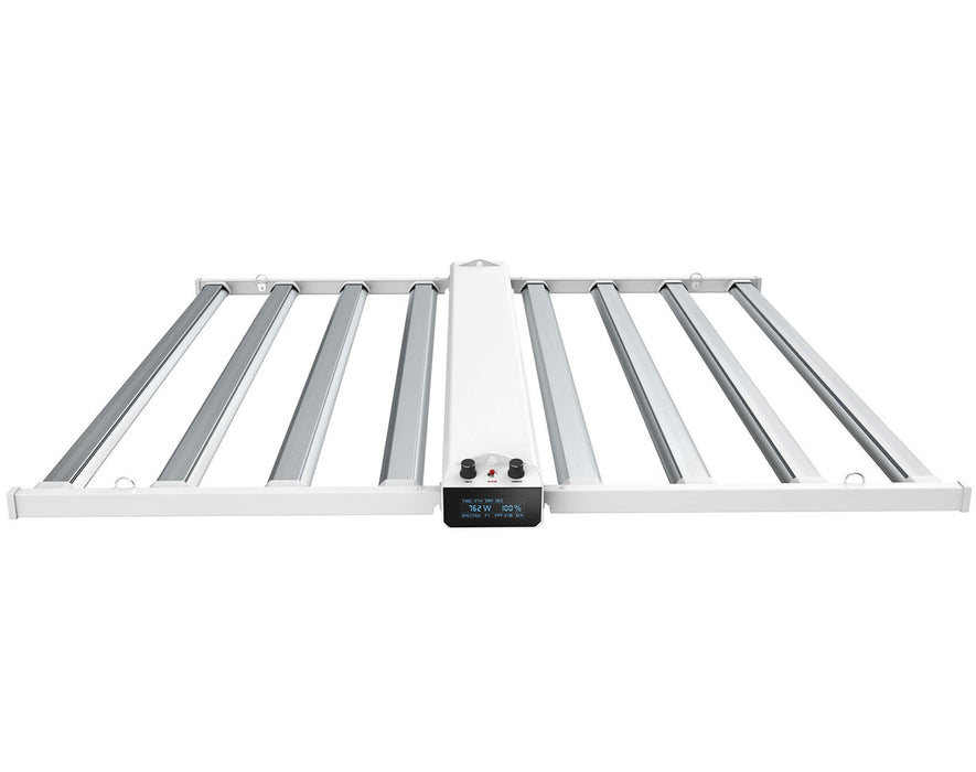 Rear view of the Smart-8 LED grow light showing frame and control box with display screen.