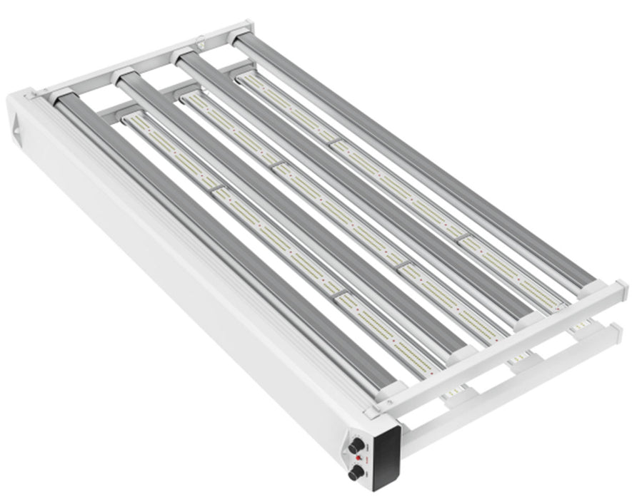 Smart-8 grow light suspended with steel cables and all LED bars lit.