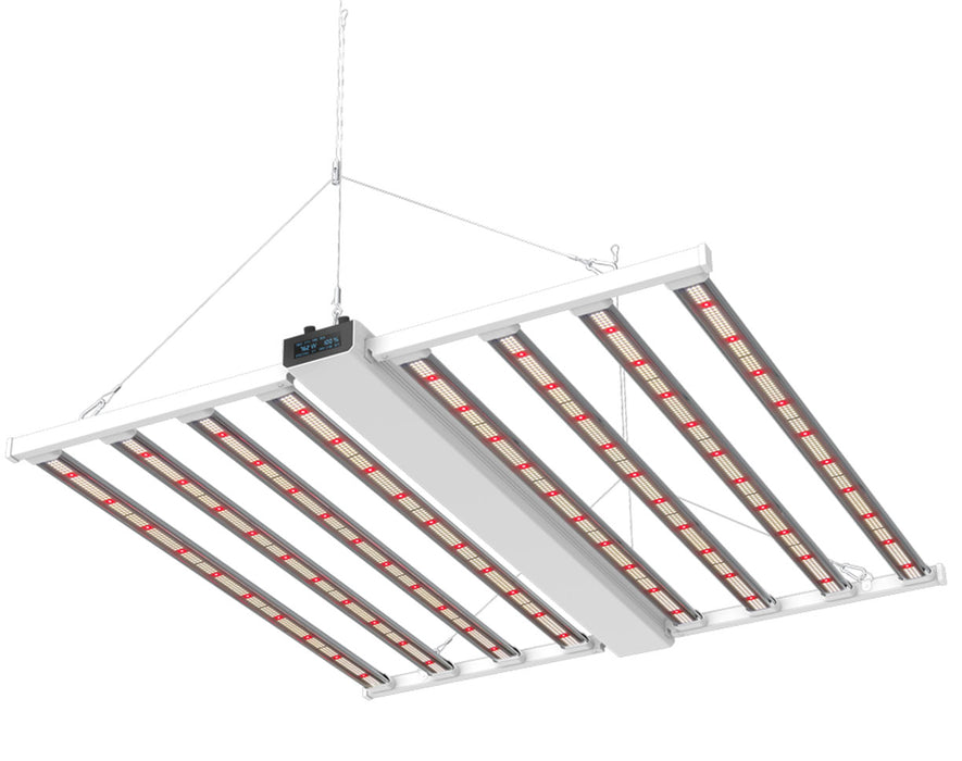 Overhead view of fully lit Smart-8 grow light showing bar layout and intensity.
