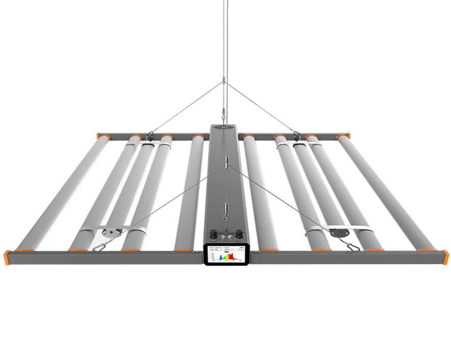 Hanging front view of Medic Grow Spectrum X grow light with control panel and suspension cables.