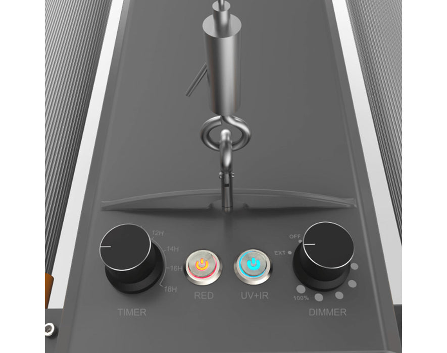 Close-up of control knobs on Medic Grow Spectrum X including timer, dimmer, red, and UV+IR switches.