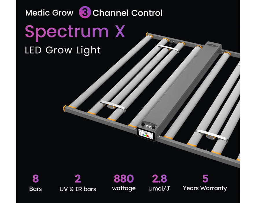 Angled product view highlighting features of the Spectrum X grow light, including 8 bars, 2 UV & IR bars, 880 watts, 2.8 µmol/J efficacy, and 5-year warranty.
