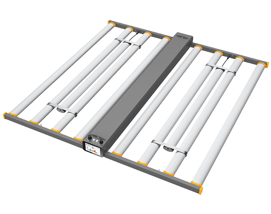 Top angled view of Medic Grow Spectrum X LED Grow Light showing eight-bar design with center control unit.