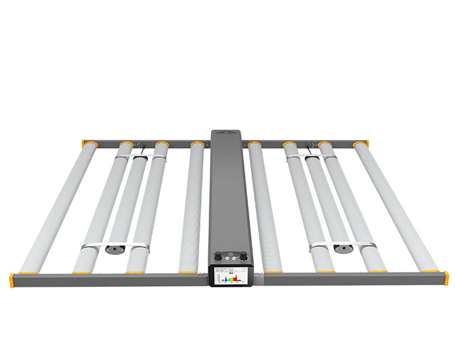 Overhead view of the Medic Grow Spectrum X LED grow light featuring eight light bars and a central control unit with orange corner accents.