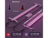 Close-up of Medic Grow UV-FR LED bar, separate driver and chart showing 395 nm UV & 730 nm FR spectrum peaks.