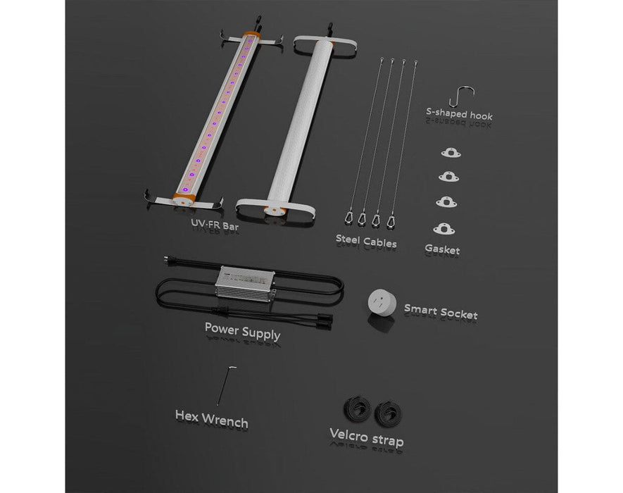 Medic Grow UV-FR bar kit with LED bars, power supply, steel cables, hooks, smart socket and tools displayed.