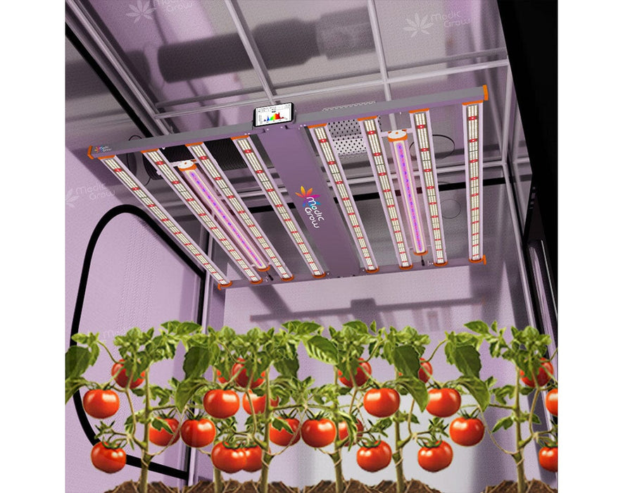 UV-FR supplemental bar mounted on LED fixture inside grow tent illuminating tomato plants.