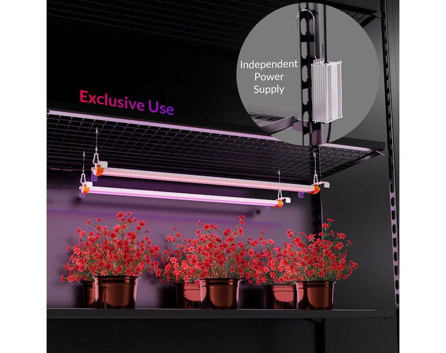 Two Medic Grow UV-FR bars with external driver hanging above flowering potted plants on metal rack.