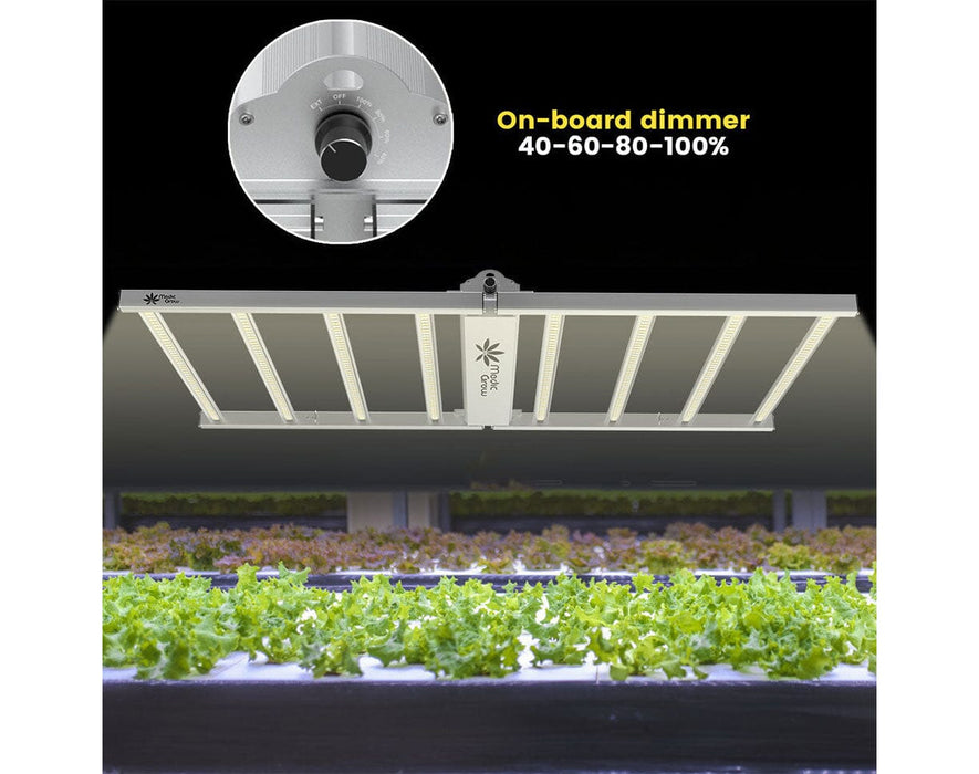 LED grow light with on-board dimmer control over plants in a greenhouse setting.
