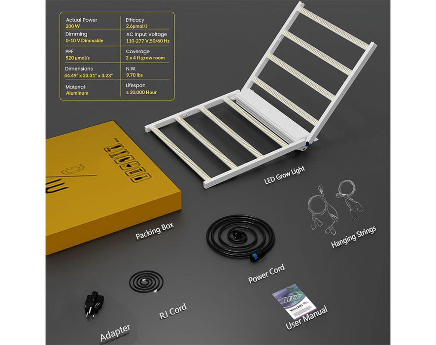Rear angle of Venus 200W LED grow light showing aluminum build, integrated wiring and accessories.