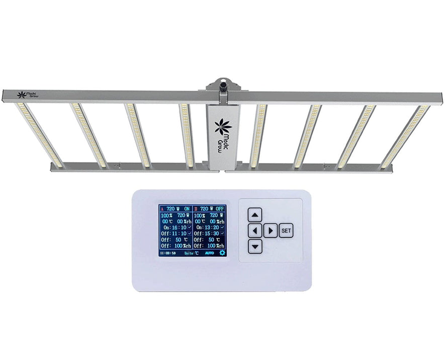 Medic Grow Venus 200W LED light with built-in timer controller shown in full assembled setup.