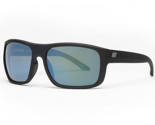 Angled view of Method Seven Citadel FX2 Matte Black sunglasses with blue-mirrored lenses.