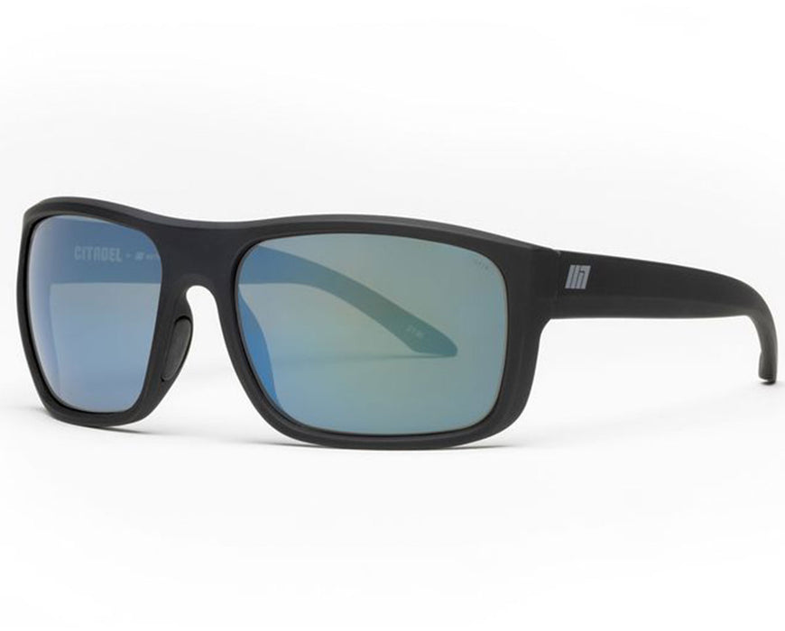 Angled view of Method Seven Citadel FX2 Matte Black sunglasses with blue-mirrored lenses.