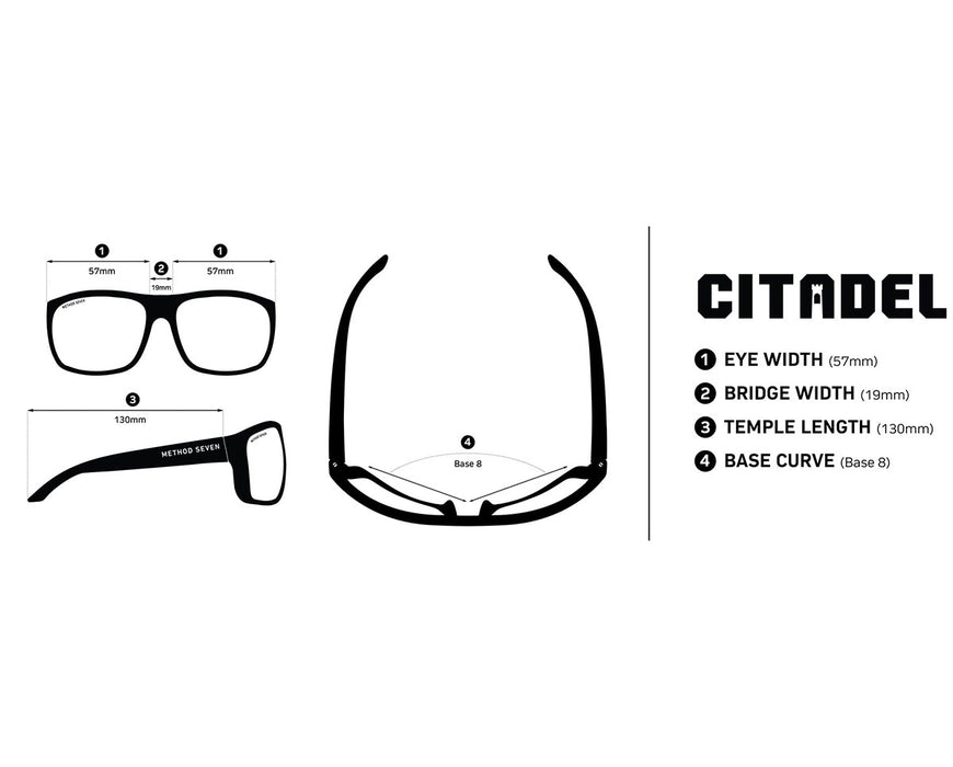 Technical diagram of Method Seven Citadel glasses showing frame dimensions and specifications including eye width, bridge width, temple length, and base curve.
