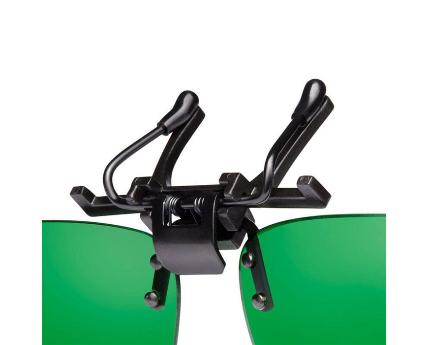 Close-up of the Method Seven clip-on mechanism with detailed view of the spring-loaded clip and lens hinges.