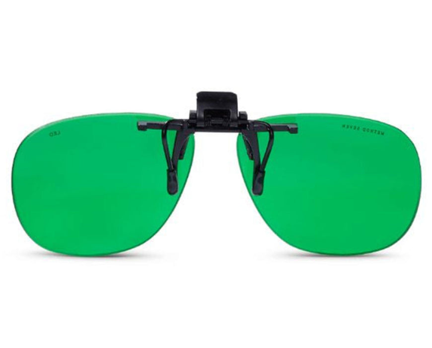 Front view of Method Seven clip-on LED grow room glasses with green lenses and black clip mechanism.