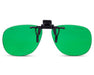 Front view of Method Seven clip-on LED grow room glasses with green lenses and black clip mechanism.