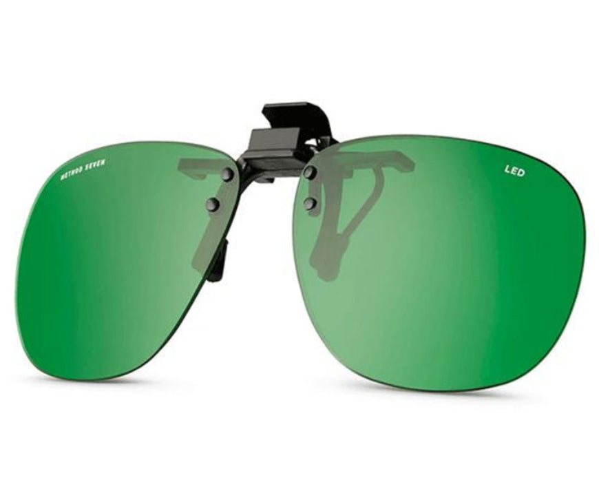 Clip-on green-lens Method Seven LED grow room glasses shown at an angle with black mounting hardware.