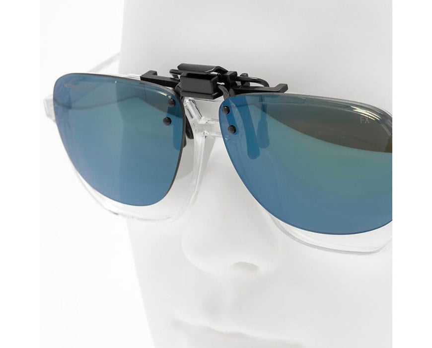 Close-up of Method Seven FX2 clip-on lenses mounted on a mannequin wearing clear frames.