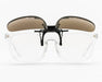 Front view of FX2 clip-on lenses flipped up on clear prescription glasses.