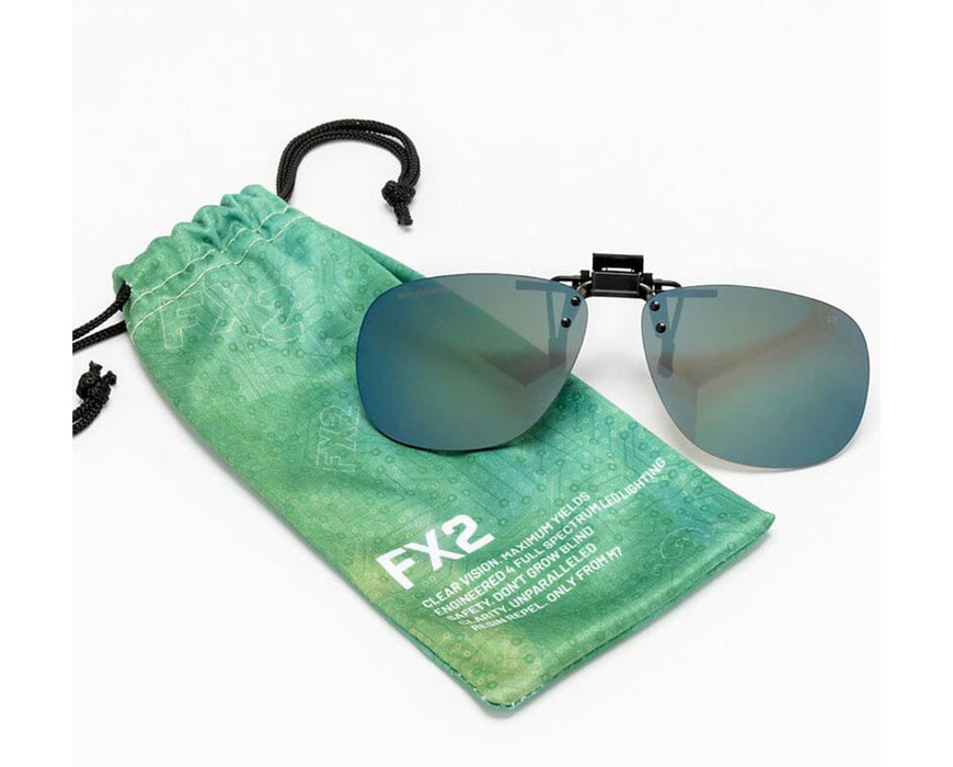 Method Seven FX2 clip-on glasses placed beside a green microfiber carrying pouch.
