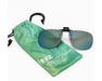 Method Seven FX2 clip-on glasses placed beside a green microfiber carrying pouch.