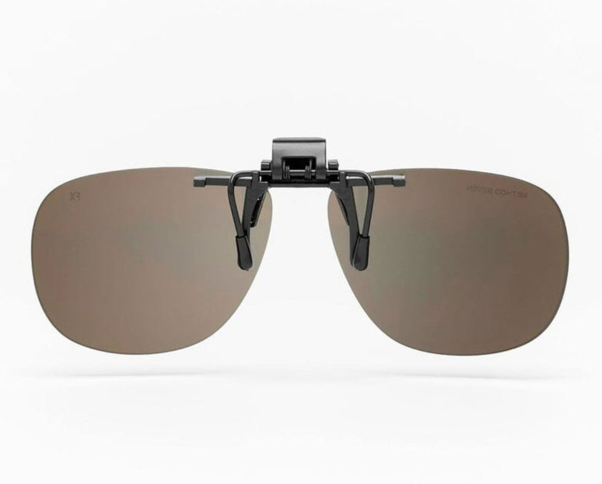 Front view of Method Seven FX2 clip-on lenses with dark-tinted lenses and black mounting clip.