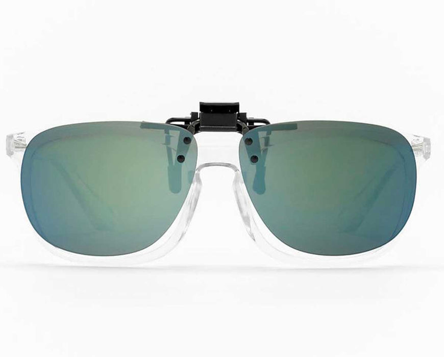 Head-on shot of FX2 clip-on lenses on transparent eyeglasses highlighting lens color.