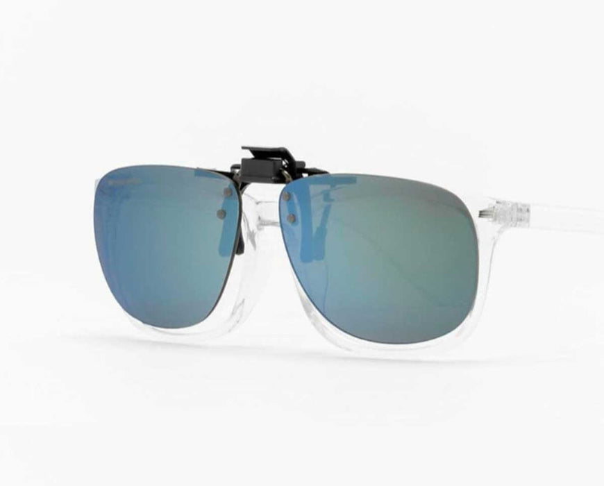 Clip-on Method Seven FX2 lenses attached to clear frame glasses, shown at an angle.