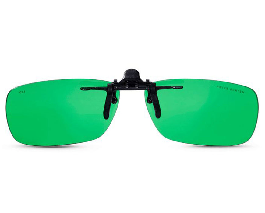 Straight front view of Method Seven Clip-On Classic LED glasses with rectangular green lenses.
