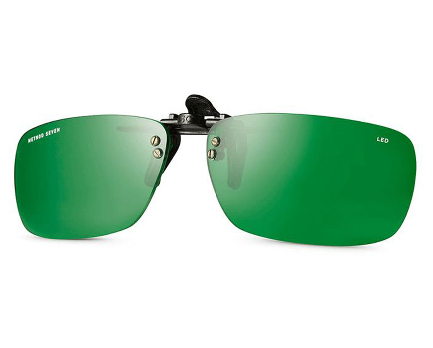 Front angle view of Method Seven Clip-On Classic glasses with green LED lenses and rimless design.