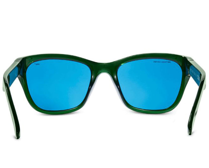 Straight-on front view of Method Seven Coup HPS glasses with bright blue mirrored lenses.